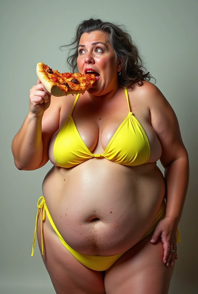 An extremely fat obese bikini woman eating a pizza.