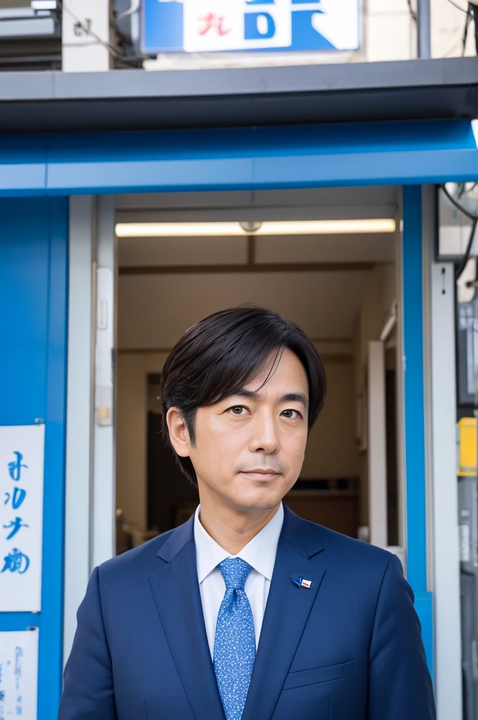 A photo of just the face of a Japanese businessman、The background is solid blue。