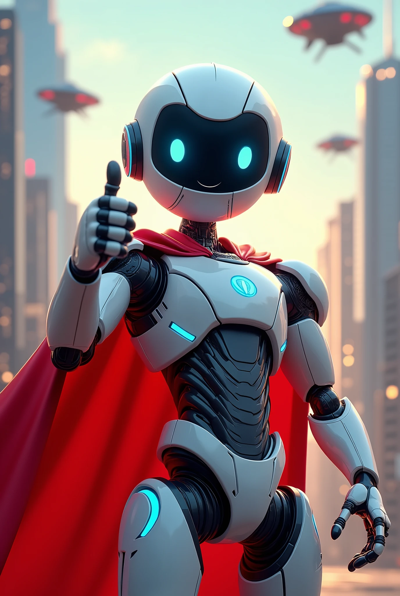 Friendly robot with red superhero cape,
giving a thumbs up