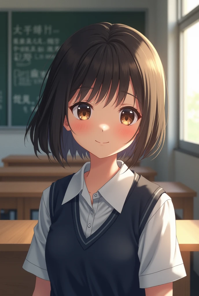 best quality, face focus, soft light, ultra high res, (photorealistic:1.4), RAW photo, 1japanese girl, solo, cute, (shy smile:0.5), (brown eyes, lights in the eyes), detailed beautiful facy, face focus, soft light, ultra high res, (photorealistic:1.4), RAW photo, 1japanese girl, solo, cute, (shy smile:0.5), (brown eyes, lights in the eyes), detailed beautiful face, (small chest),(high resolution detail of human skin texture), (short bob hair), BREAK, in classroom,navy school uniform, vest, skirt