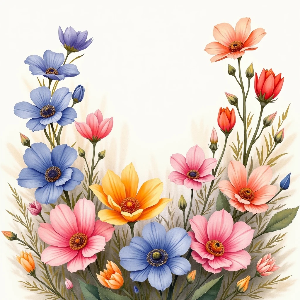 Flower watercolor,Highlighting the characteristics and beauty of Renaissance watercolors。The work must capture the unique characteristics of Renaissance watercolors.., Use of light and shadow、Delicate brushwork and a rich color palette。The composition contains a variety of flowers.,Each one carefully rendered,To show the beauty of the individual and the overall harmony of the work.。detailed background,Expressing the elegance and delicacy of flowers, the flower ochre complements the flower root without being excessive..。