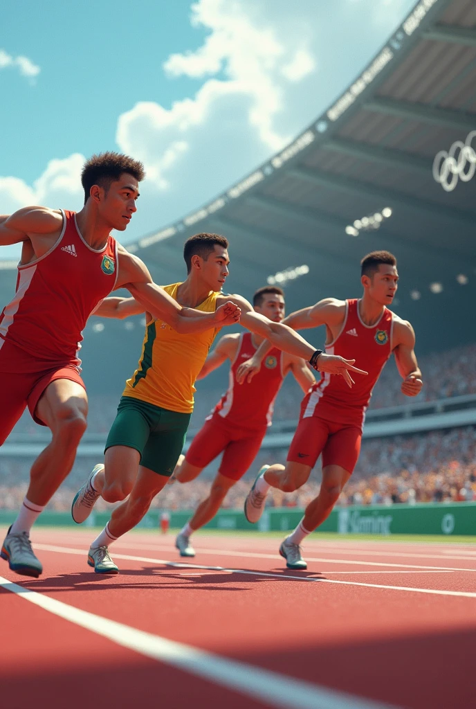 Olympics athletic images by sharing baton in relay