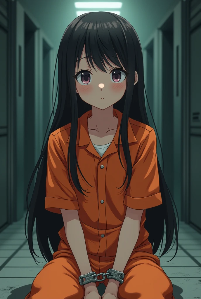 Anime girl prisoner chained sad orange jumpsuit