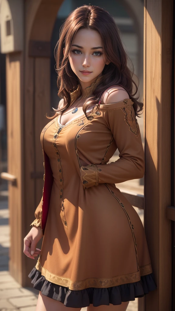 Cowboy Shot, highest quality, 超A high resolution, (Realistic:1.4), Beautiful face in every detail, Detailed clothing, Attractive European women,highest quality, 4K, High resolution, masterpiece:1.2, Very detailed,(front:1.9),MangaKawaiiAnime,(Photorealistic:1.4)Beautiful Face, (looking at the camera),Cute face, 、RAW Photos, highest quality,, Vibrant, Red and blue eyes，Strong gaze，Vibrant colors，（Face the front:1.5),((masterpiece,highest quality)), 4K, High resolution, 1 girl, alone, smile, Brown Dress, (Perfumer Costume 2:1.2), 