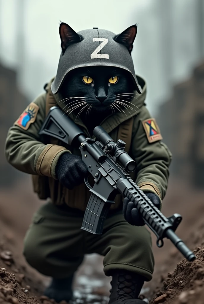 A black cat fighting against Ukraine with a rifle in his hand, wearing military clothing and with the letter Z in white on his arms and helmet. He is in the trenches. He hates Ukraine.