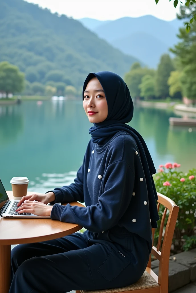 Beautiful Korean girl with white skin. Well-groomed face, long dark blue hijab, dark blue knit hoodie, decorated with white polka dot motifs, dark blue compret trousers with lots of pockets, sitting in the cafe enjoying hot coffee, in front of the table there is an iPhone laptop, by the lake in the cafe, with a background behind a large and very beautiful lake, the water is clear, with trees, mountains, original, realistic photos