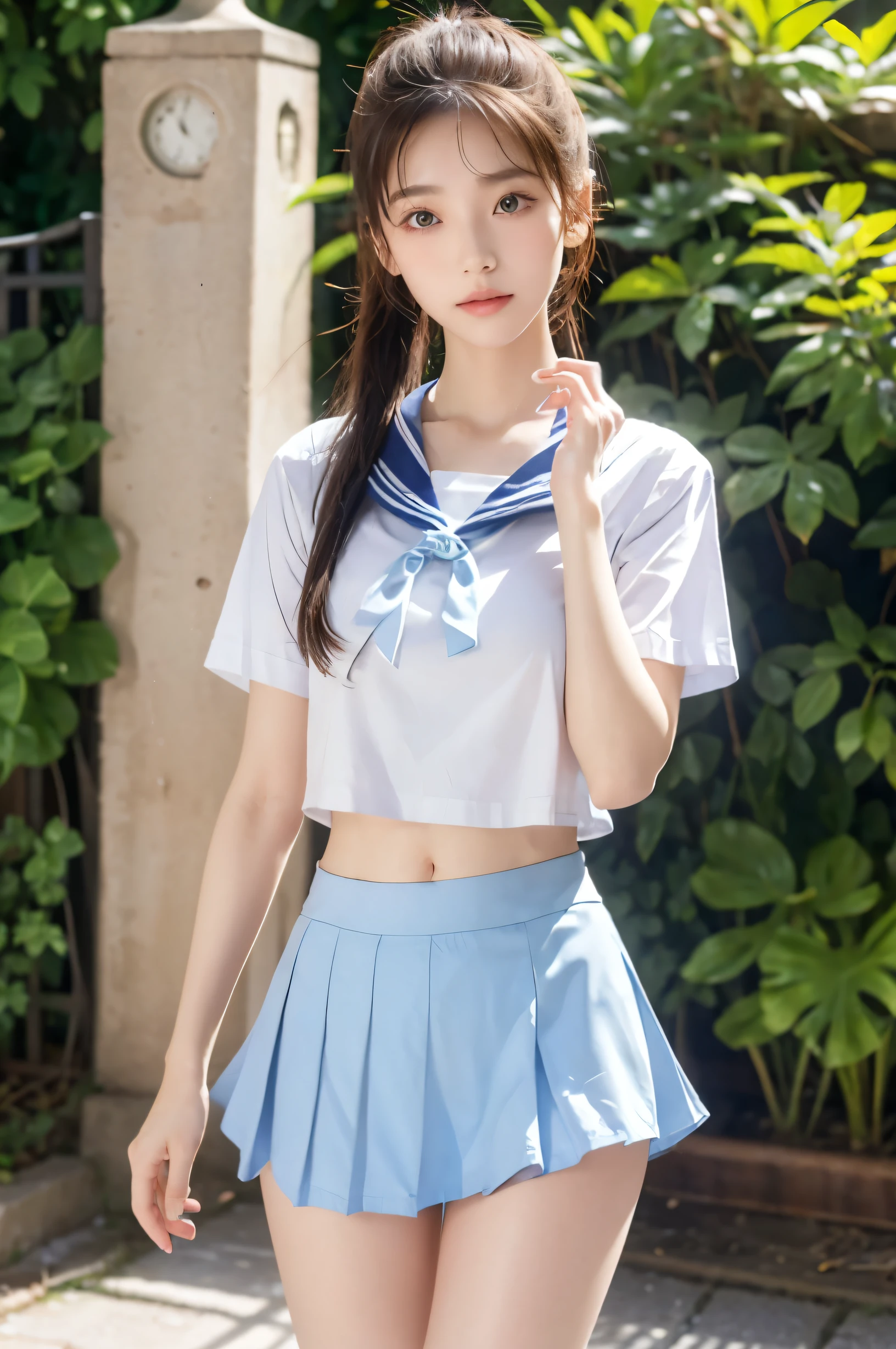 (Ultra HD), (Looking at me), (The whole body is shown), (Light blue short sleeve sailor uniform, Light blue low rise mini skirt), Big Breasts, slender, Narrow waist, (The belly button is visible:0.6), (Thin legs:1.2), (Thin thighs:1.2), (Thin Hips:1.4), (Beautiful Skin, Shiny skin, White skin), (Super slim face, Super beautiful face, No makeup, Smile:0.6), (light brown, ponytail, Layered Cut, Fluffy hair), (double eyelid, Slanted Eyes), Small Nose, Thin lips, Are standing, In front of the school gate