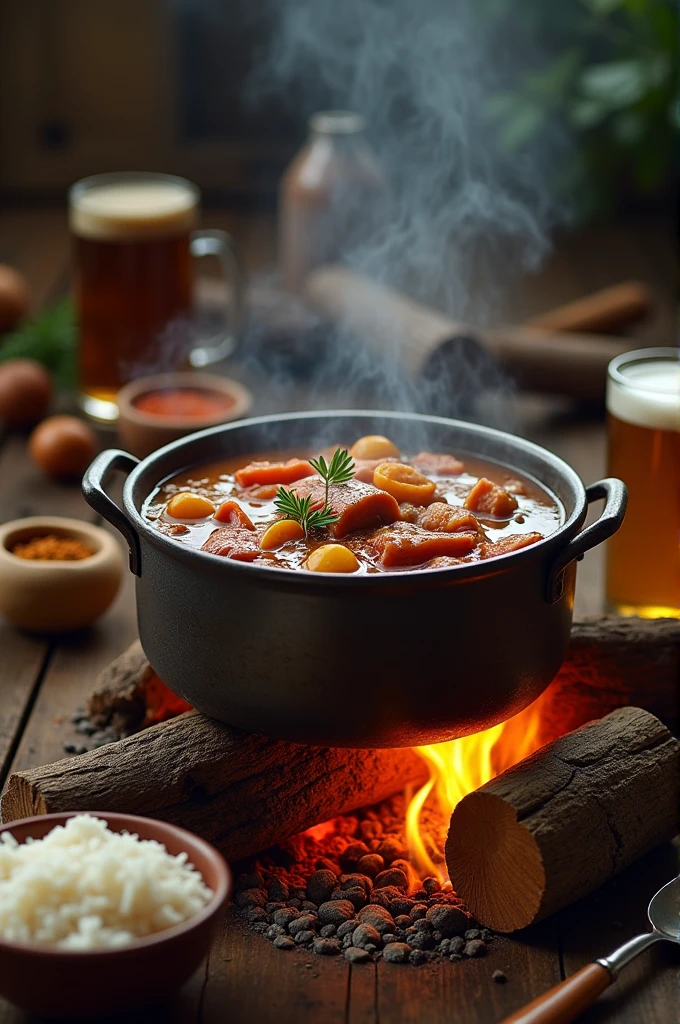 Advertisement for sale of rib soup. Displaying a steel pot with firewood, next to beer spices and rice, Attractive image to send on social networks and generate orders, country style