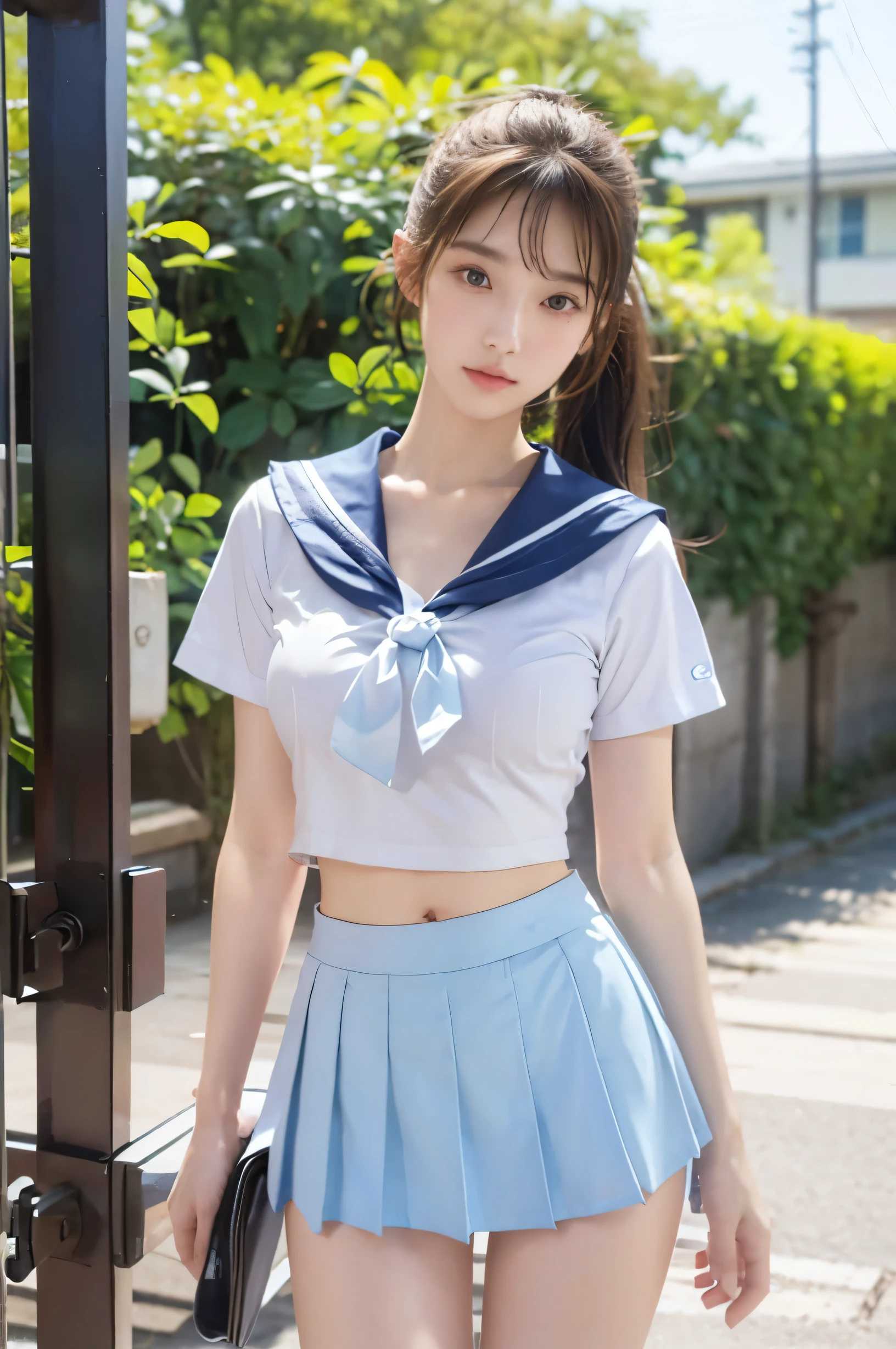 (Ultra HD), (Looking at me), (The whole body is shown), (Light blue short sleeve sailor uniform, Light blue low rise mini skirt), Big Breasts, slender, Narrow waist, (The belly button is visible:0.6), (Thin legs:1.2), (Thin thighs:1.2), (Thin Hips:1.4), (Beautiful Skin, Shiny skin, White skin), (Super slim face, Super beautiful face, No makeup, Smile:0.6), (light brown, ponytail, Layered Cut, Fluffy hair), (double eyelid, Slanted Eyes), Small Nose, Thin lips, Are standing, In front of the school gate