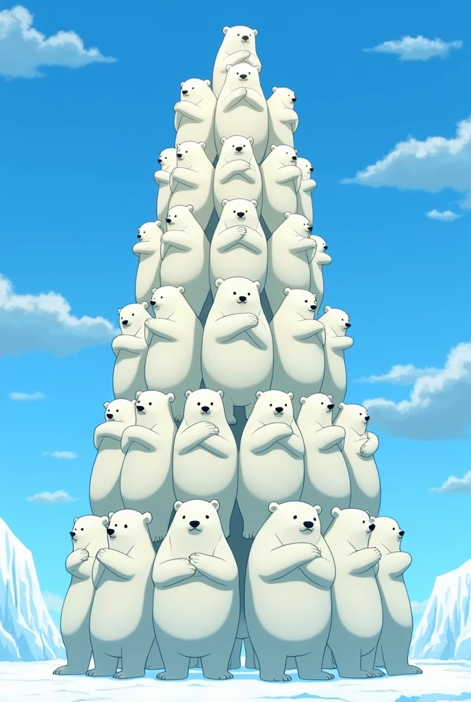 Many bipedal white bears climb onto each other's shoulders, piled up。In a circle,All the white bears stand with their arms crossed。White Bear Tower。A slightly lower angle。antarctica、Blue sky background。Japanese anime style。