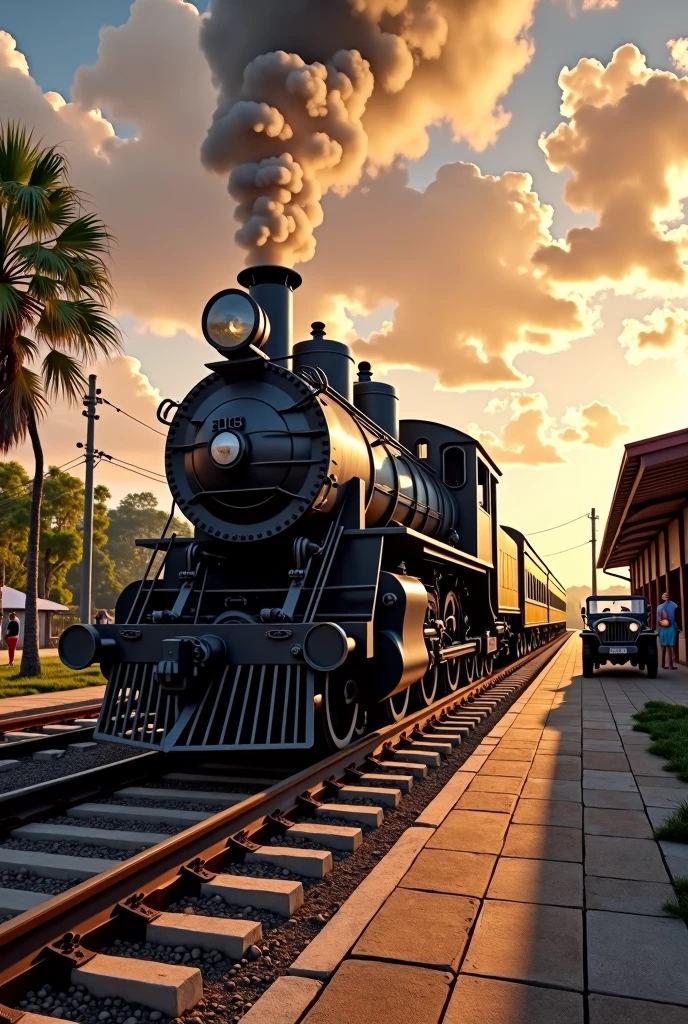 A vintage steam locomotive, probably from the early 20th century, stands on the platform of an old train station in camocim, Ceará, Brazil. The station is bathed in the warm glow of late afternoon sunlight, casting long shadows across the platform. Many people are gathered on the platform, perhaps waiting for the train to depart. An old Jeep is parked nearby, adding to the nostalgic atmosphere. The sky is painted in shades of orange and pink, creating a beautiful backdrop for the scene.