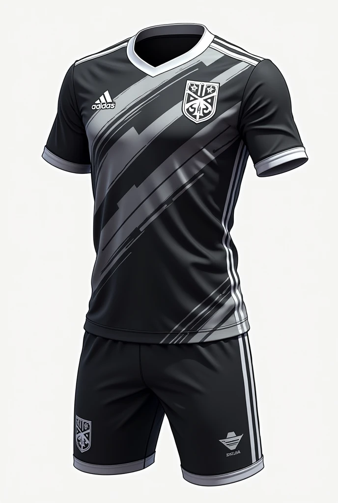 Make a micro soccer uniform that includes the colors black, white and gray with some design that has some anime