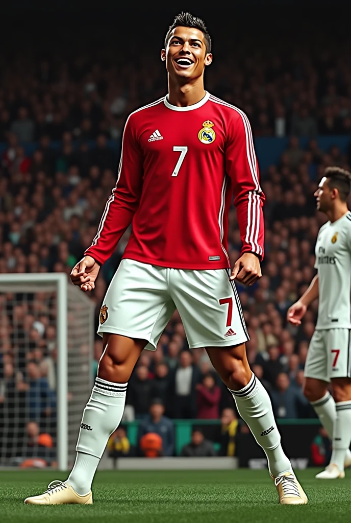 Photorealistic, 64K, A realistic christiano ronaldo [wearing real madrid soccer jersey number 7 ], standing up celebrating his goal, perfect fingers