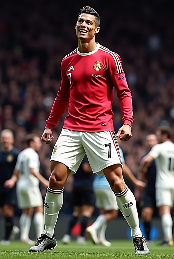 Photorealistic, 64K, A realistic christiano ronaldo [wearing real madrid soccer jersey number 7 ], standing up celebrating his goal, perfect fingers