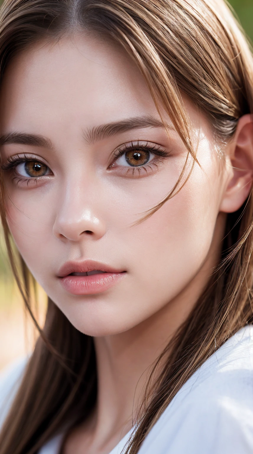 Caucasian model of , close-up, masterpiece, top quality, raw photo, photorealistic, face, incredibly ridiculous, beautiful girl, cute, detailed eyes, arranged hairstyle, depth of field, high resolution, ultra detail, fine detail, highly detailed, highly detailed eyes and face, sharp pupils, realistic pupils, sharp focus, cinematic lighting , cohesive hairstyle, Blonde, Clean clothing, (clear sharp focus, not blurry, Realistic brown_eyes:1.35), Masterpiece, Realistic skin texture,