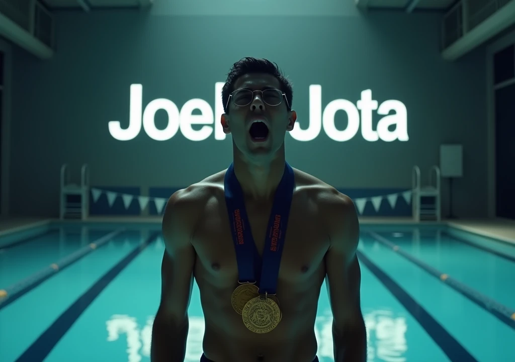 A YouTube thumbnail with a aspect ratio with a cinematic atmosphere of a man wearing glasses, crying for help, shirtless and with an aesthetically attractive body. He has a necklace with twenty Olympic medals. He is standing in front of an indoor pool. The background includes the pool with clear water, reflecting the gloomy atmosphere. The overall image has dark, soft lighting, highlighting the facial features of the crying man. The “Joel Jota” text is subtly integrated into the scene behind the character, ensuring it does not distract from the man and the pool.
The “Joel Jota” text is subtly integrated into the scene behind the character, ensuring it does not distract from the man and the pool.