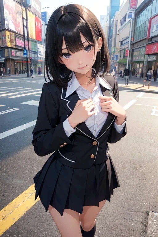 (1 slim high school girl,Summer uniform,loves me,feminine,small breast,black_medium_hair,Side_bangs,symmetry eyes),BREAK,(date me at HAKATA street),(looking happy with me),(opened mouth),Best quality,Realistic,Masterpiece,detailed,high-resolution,detailed eyes and face