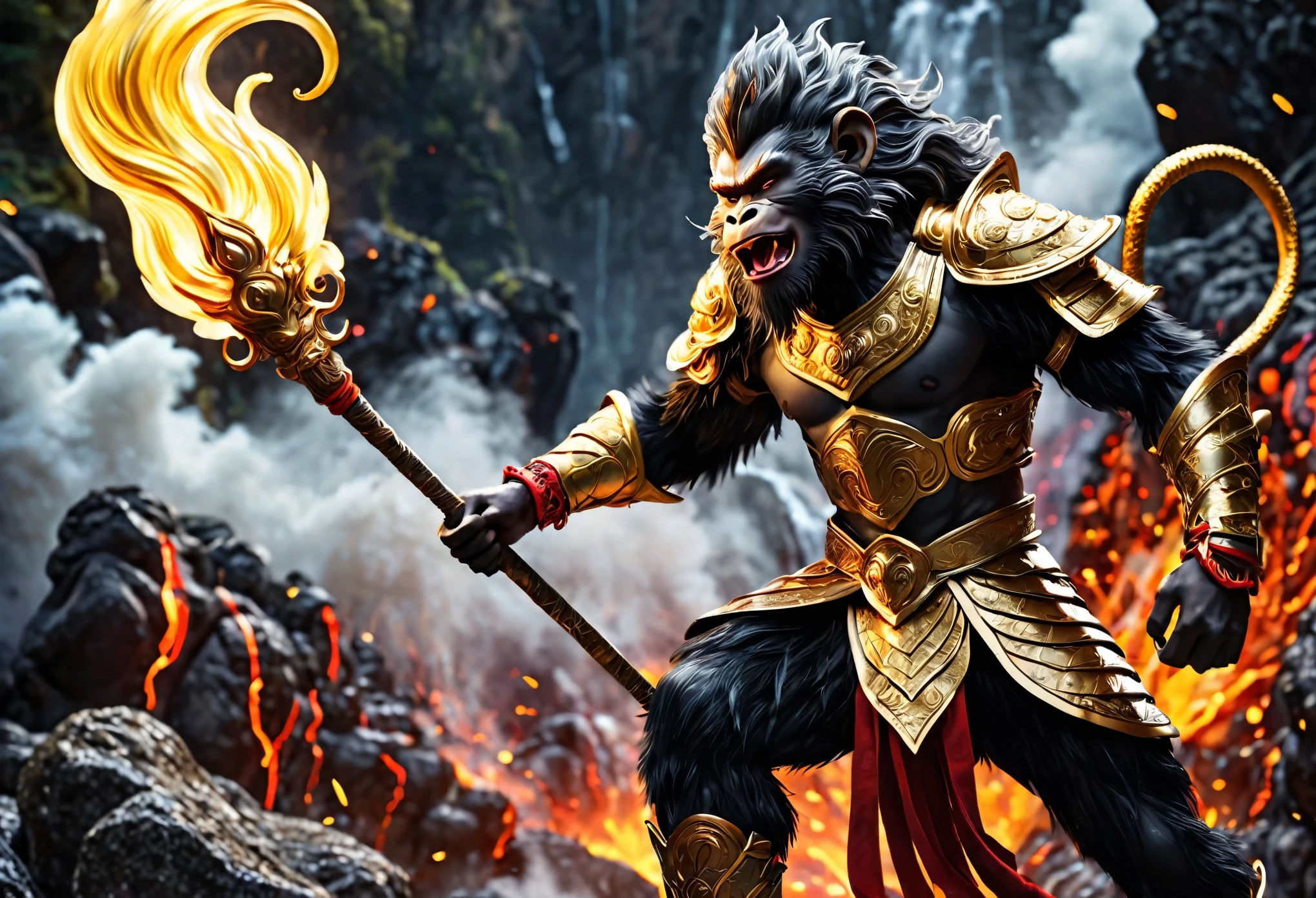 (a powerful warrior son of the Monkey King,Black Myth Wukong,long lush black body hair,ornate golden armor,powerful build,carefree face,mystic quarter staff,tripping a stone giant,laughing,volcano,cinematic,masterpiece,ultra-detailed,4k,dramatic lighting,dynamic pose,vibrant colors,fantasy,digital art)