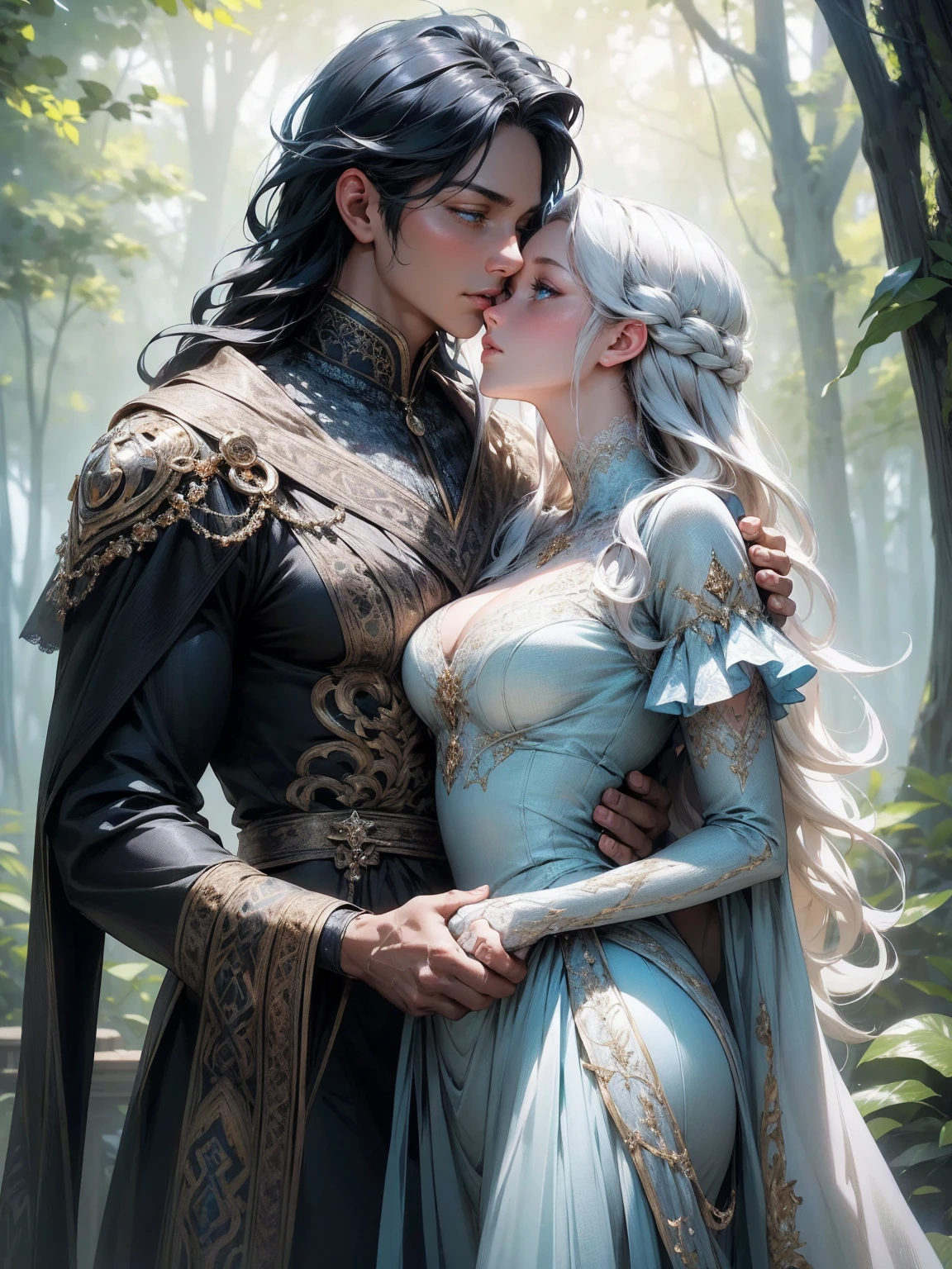 {-erro_de_anatomia:1.0}(best quality,4k,8k,highres,masterpiece:1.2), ultra-detailed, (realistic,photorealistic,photo-realistic:1.37), mature milf, illyasviel von einzbern, black hair, upper body, vibrant colors, glowing skin, mesmerizing eyes, blue eyes, elegant pose, enchanting background, delicate lace dress, blue dress, surreal lighting, ethereal atmosphere, mystical aura, intricate details, artistic medium, digital illustration, fantasy, anime, walking on nature, kissing a beautiful man