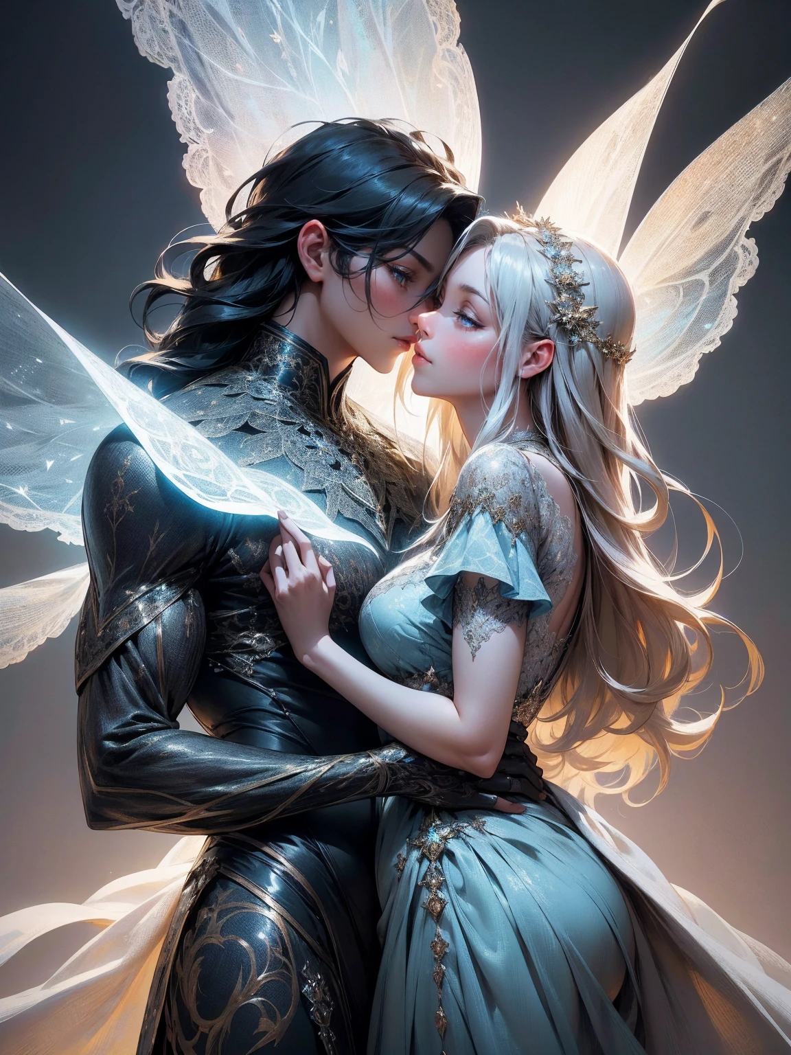 {-erro_de_anatomia:1.0}(best quality,4k,8k,highres,masterpiece:1.2), ultra-detailed, (realistic,photorealistic,photo-realistic:1.37), mature milf, illyasviel von einzbern, black hair, upper body, vibrant colors, glowing skin, mesmerizing eyes, blue eyes, elegant pose, enchanting background, delicate lace dress, blue dress, surreal lighting, ethereal atmosphere, mystical aura, intricate details, artistic medium, digital illustration, fantasy, anime, walking on nature, kissing a beautiful man