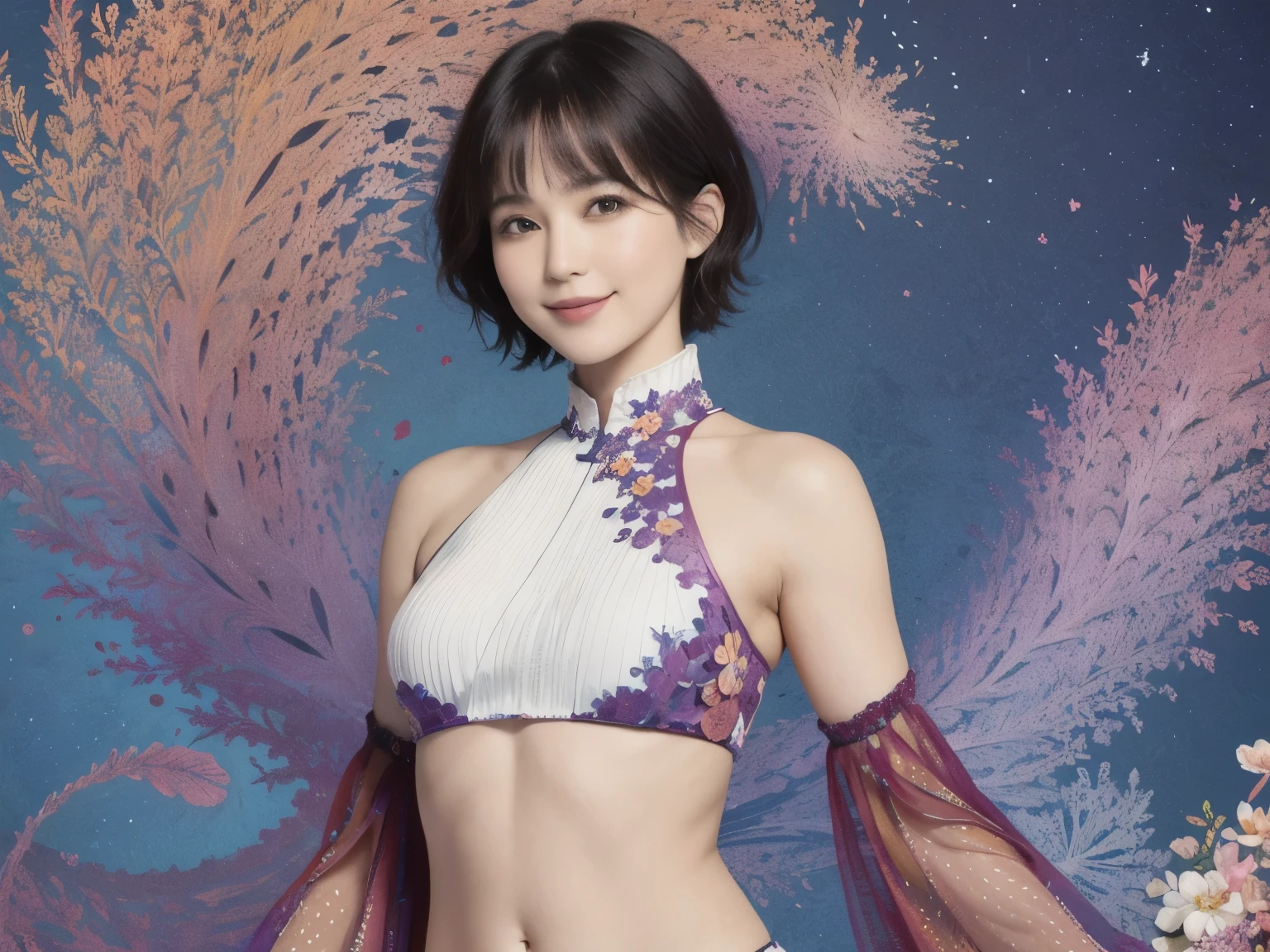 275 (20-year-old woman,short hair), (beautiful:1.1), (Fractal Art:1.2), (flower), whole body, (Abstract background:1.3), (Many colors:1.4), (Old-fashioned smile), Abdominal muscles, (Wave)