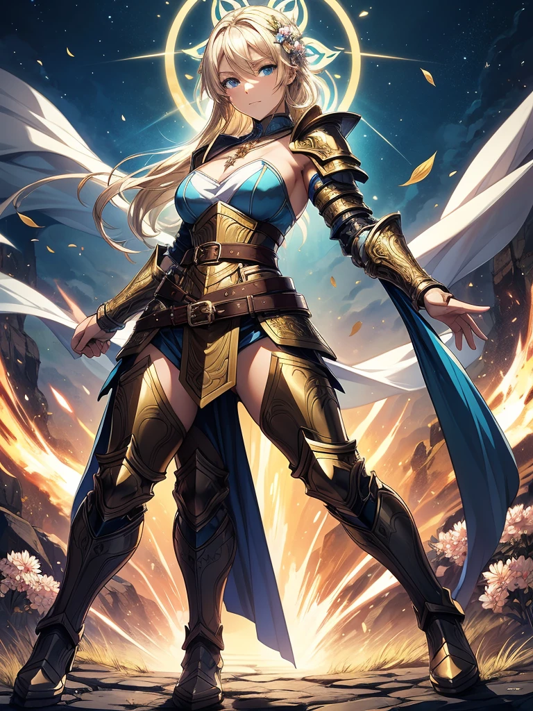 A full-body portrait of a young woman in anime style, with long, light blonde hair, framed by a white mantle adorned with golden details. She has intense blue eyes and wears a form-fitting blue armor with intricate engravings of leaves and flowers, and golden metal pieces covering her shoulders and arms. A dark brown leather belt with metallic buckles secures her armor at the waist. She wears brown leather boots, standing in a dynamic action pose. A cross-shaped pendant adorns her chest. The background features a blue sky with fluffy clouds, highlighting her majestic and noble appearance, visible from head to toe.