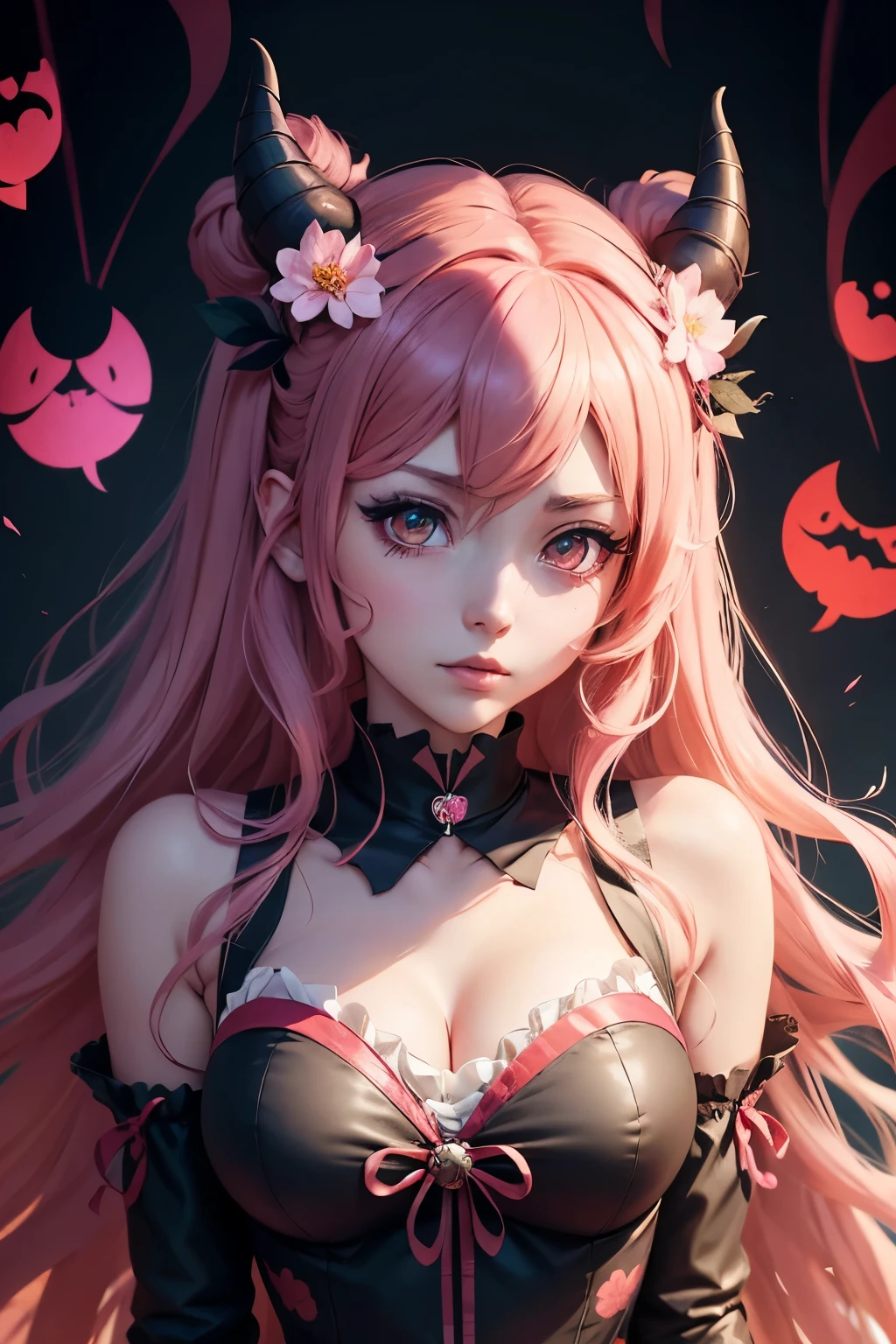anime girl with horns and flowers in her hair, demon anime girl, mika kurai demon, anime moe artstyle, rin tohsaka, demon girl, anime monster girl, Junko Enoshima from Danganronpa, ahegao, gapmoe yandere grimdark, portrait of demon girl, digital art from danganronpa