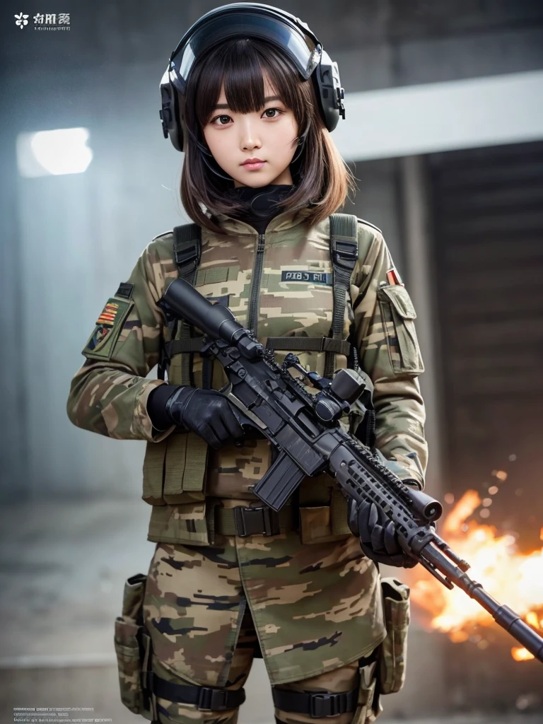 Masterpiece, best quality, ai-generated, camouflage clothing,camouflage helmet, pleated skirt, Medium chest, A glimpse of thighs,random hair, One eye is hidden by the bangs, perfect proportions, high detail skin, Cute, detailed faces, random sexy pose, precise fingers,panty shot Girl shooting automatic rifle, (muzzle explodes:1.2), (looks into sight), finely drawn automatic rifle, bulletproof suit, (turn towards the viewer), syncs body orientation and gaze, dynamic angle, battle, war,