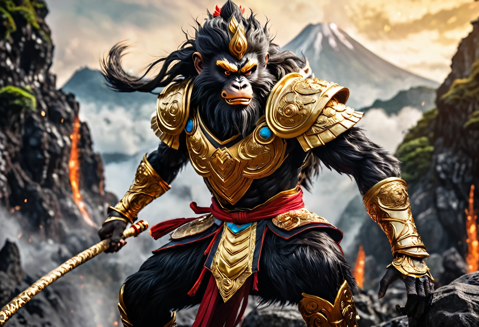 (a powerful warrior son of the Monkey King,Black Myth Wukong,long lush black body hair,ornate golden armor,powerful build,carefree face,mystic quarter staff,tripping a stone giant,laughing,volcano,cinematic,masterpiece,ultra-detailed,4k,dramatic lighting,dynamic pose,vibrant colors,fantasy,digital art)