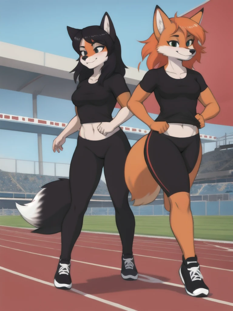 Furry, fox, female, black shirt, black leggings, shoes, running track, friends, full body