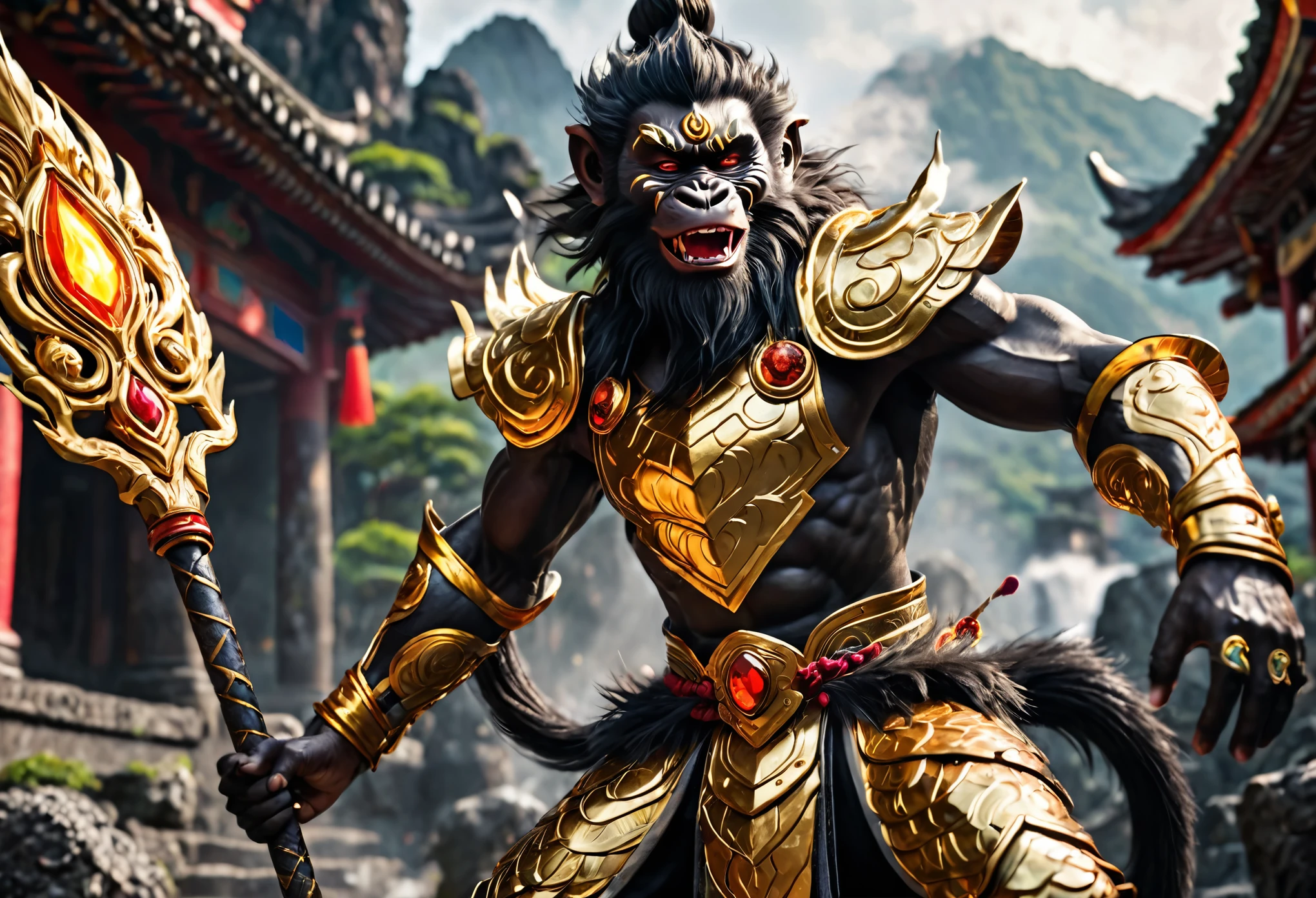 (a powerful warrior son of the Monkey King,Black Myth Wukong,long lush black body hair,ornate golden armor,powerful build,carefree face,mystic quarter staff,tripping a stone giant,laughing,volcano,cinematic,masterpiece,ultra-detailed,4k,dramatic lighting,dynamic pose,vibrant colors,fantasy,digital art)