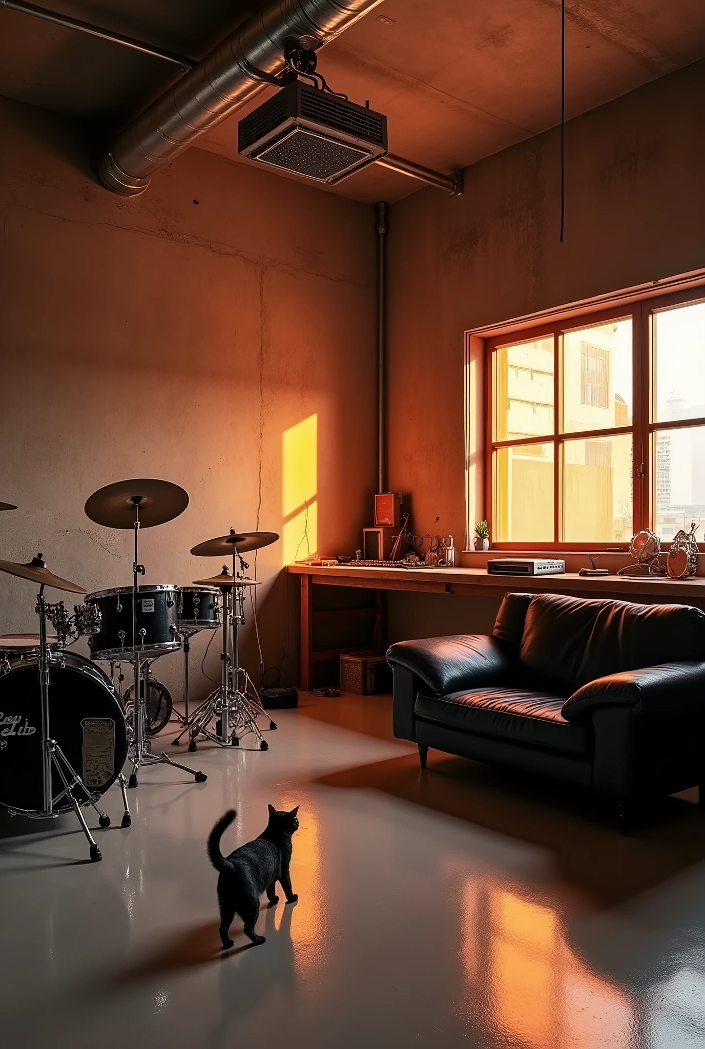 Room, bare concrete, exposed ceiling, large workbench, black sofa, orange indirect lighting, dressing room, cat, musical instruments, drums, black drums, projector, exposed ceiling tubes