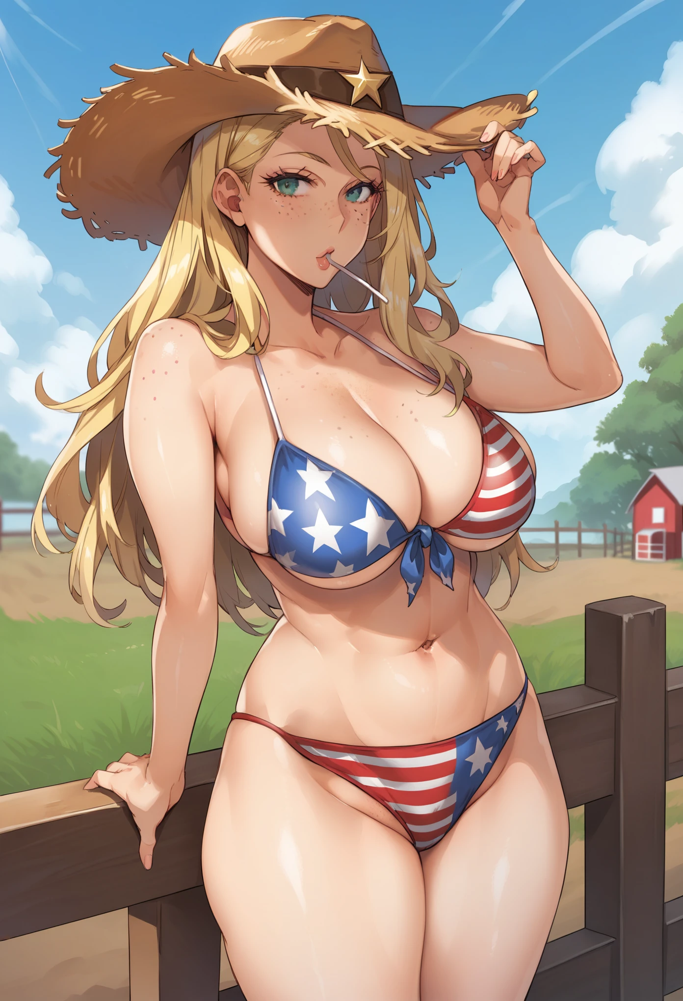 score_9, score_8_up, score_7_up, cowboy shot, solo, 1girl, bikini, body freckles, american flag bikini, cleavage, freckles, large breasts, looking at viewer, pale blonde hair, solo, cropped legs, cowboy hat, straw hat, stable, barn