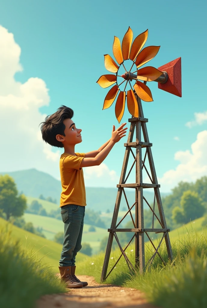 Leon with a windmill made from recyclable materials 