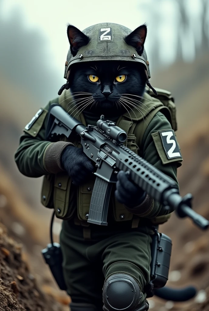 A black cat fighting against Ukraine with a rifle in his hand, wearing military clothing and with the letter Z in white on his arms and helmet. He is in the trenches. He hates Ukraine. His clothing is more modern. 