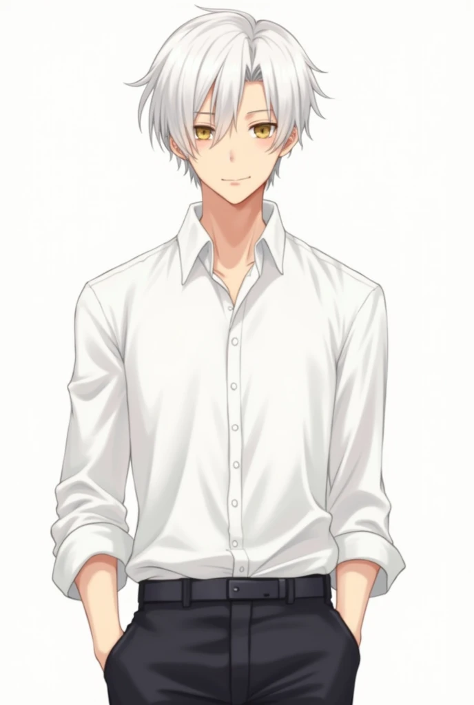 Give me a handsome guy with white hair, has a white shirt, black pants cute anime posing