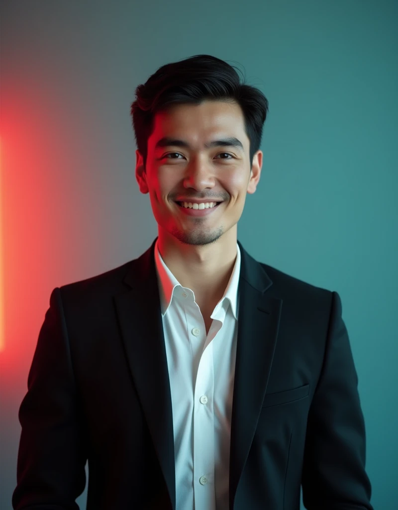 A young man with dark hair and a confident smile. He is dressed in a black blazer over a white shirt.The man is positioned Against Aqua colour backdrop with a subtle red lighting on the left side. And he posting for LinkedIn profile