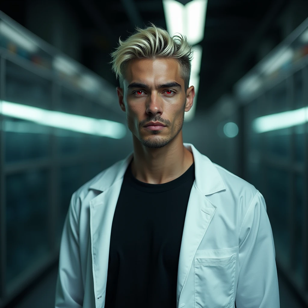 Photograph headshot, very tall attractive young Middle Eastern-Arab-Egyptian featured male, hair short platinum blond wavy swept back, 5 o'clock shadow, lithe body, brown skin, dark red eyes, tall toned body. Professional expression. Lab coat, black t-shirt, dim fluorescent lighting, foreboding facility.