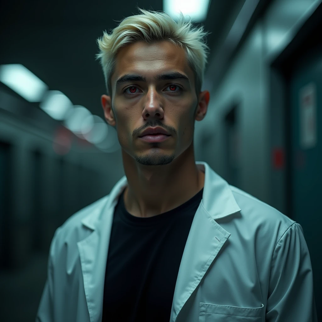 Photograph headshot, very tall attractive young Middle Eastern-Arab-Egyptian featured male, hair short platinum blond wavy swept back, 5 o'clock shadow, lithe body, brown skin, dark red eyes, tall toned body. Professional expression. Lab coat, black t-shirt, dim fluorescent lighting, foreboding facility.