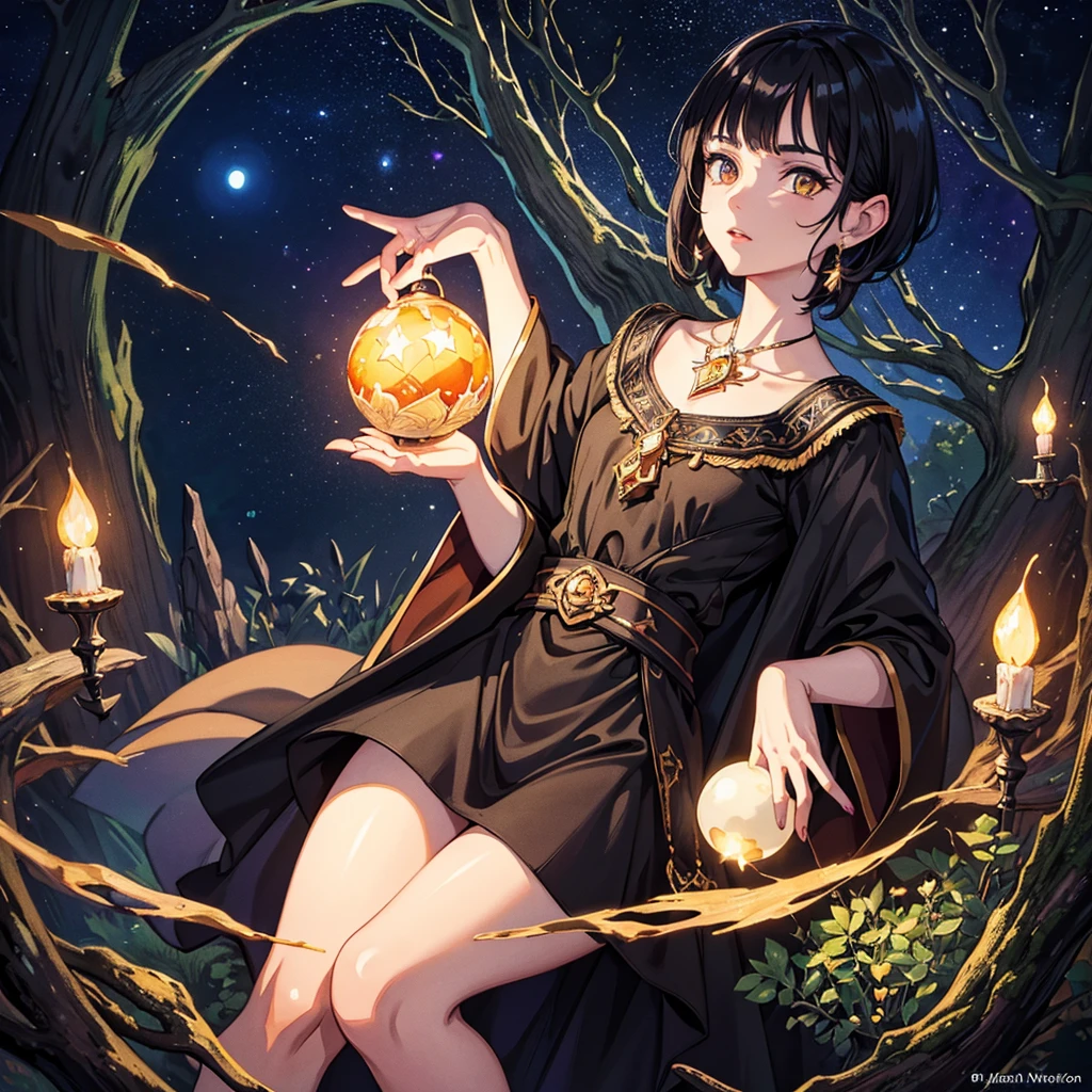 A beautiful witch with amber brown eyes, small slanted eyes, a small mouth, pale skin, a pixie cut shaved black hair, an eyebrow piercing, an ear piercing, gazing into a luminous crystal ball, in a nighttime forest, with an owl nearby, mushrooms scattered on the ground, a black cat, a starry sky with a waning moon, dark composition, dark illuminated, witch aesthetic, watercolor painting, intricate details, high quality, masterpiece, photorealistic, 8k resolution, ultra-detailed 