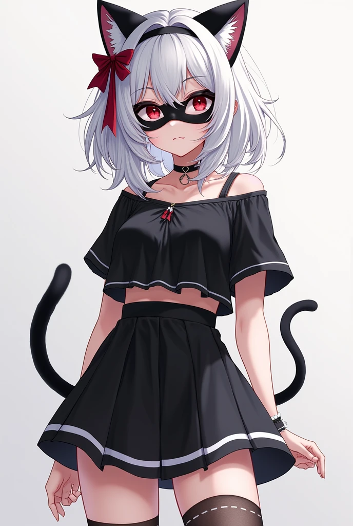 20 year old girl with a good body, white skin anime with red eyes, her hair is white medium long with a loose black bow, black and white clothes, more daring black, a half-length blouse and a black skirt with a white stripe, transparent knee-high stockings, she is beautiful with a black face mask and has a cat tail with a red bow on the tip and also has black drooping ears and a kitten collar and some small bracelets 