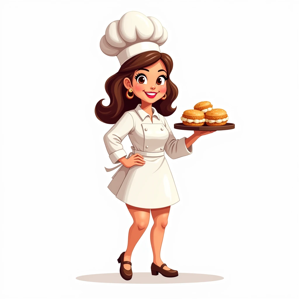 Make me a full body mascot logo about coconut macaroons make the mascot hold the coconut macaroons and make the backround white make it a human adult woman make her wear a chef attire make it so that i can see the chef hat and the body dont make it 3d