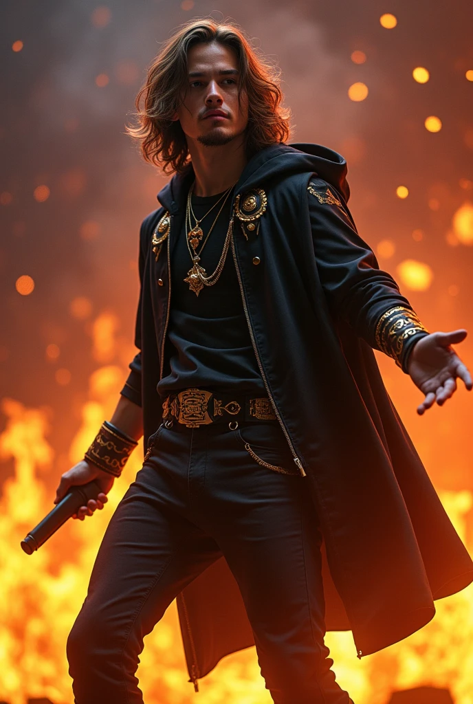artwork best quality handsome american male teenager long brown hair light skin with black cape and hooded coat on head with gold accents black long sleeve shirt and black pants underneath intricate details singing holding a microphone seen from afar pointing at the audience at a concert with flames of fire around details details uhq 8k