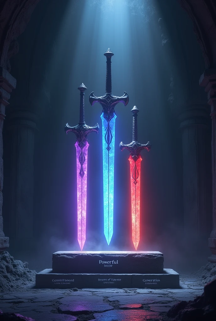 Within a location, there is a kind of altar, above which there is a pedestal where, Around her, everything was dark, but where the swords lay was clear as day. Where the three swords of different appearances were placed, they were partially thin, with straight and polished crystal blades, of tall stature, measuring on average 1,80 a 1,82 meters high each. Em suma, they have three colors: the purple one is for the one on the right, the blue one is for the one on the left, e the red one é para a do centro, a color for each of them. however, there were only two swords left on the pedestal; the third sword, blue in color, had disappeared, and its pedestal was on display, as well as those of the others. Each one had a name, down, in front of the feet of their pedestals: the purple one was called *Powerful Screw*, the red one, A sua volta, was called *Streets of Valente*, and the blue one had the nomenclature of *Generation Ändern*. The remaining two swords were shining brightly., as if they were new or newly forged.