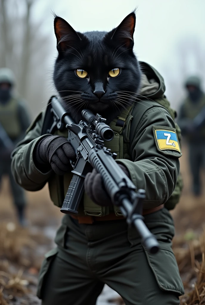 A black cat fighting against Ukraine with a rifle in his hand, wearing military clothing and with the letter Z in white on his arms and helmet. He is in the trenches. He hates Ukraine. His clothing is more modern.