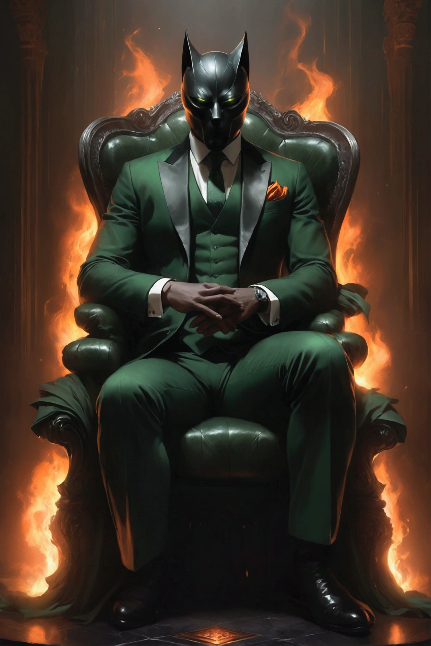 A dark, imposing figure sits on a towering, jet-black throne with sharp, angular designs that radiate authority and menace. His face is partially obscured by a strong, black mask, covering everything but his intense, piercing eyes that lock directly onto the viewer, creating an aura of intimidation. He wears a muted orange velvet suit with a dark green polka-dot bowtie, but the colors are dulled and shadowed, adding to the ominous atmosphere.
On his lap rests a sleek, black cat with glowing, terrifying eyes, its fur blending seamlessly with the darkness of the room. The cat’s presence adds an additional layer of foreboding to the scene. The man’s hands grip the throne's armrests, fingers subtly curled as if ready to command or pass judgment.
The throne room itself is dark and imposing, with cold stone walls and minimal decoration, save for a few jagged, black banners hanging behind him. The wallpaper is deep, almost black, green with faint gold accents that are barely visible in the dim, flickering light from a roaring fireplace to his side. The flames cast eerie, dancing shadows across the room, enhancing the sense of dread and power emanating from the masked man as he stares directly at the viewer, poised to deliver a final, chilling judgment.