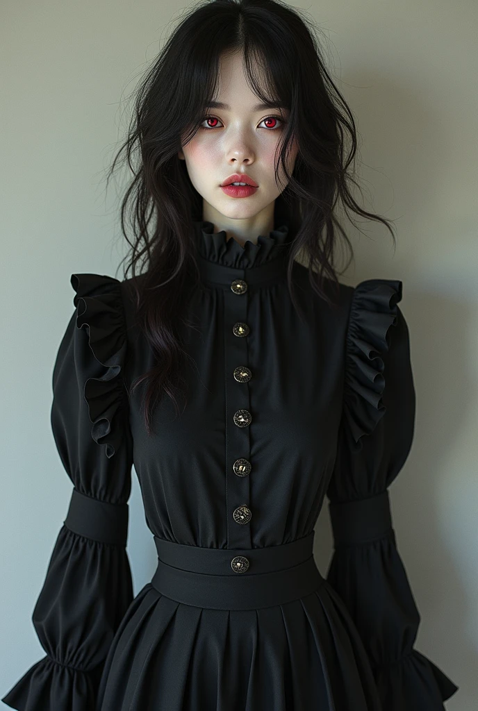 make a pale girl, with red eyes, dark red hair, a women's shirt with a high neck, Exaggerated ruffle hem and long sleeves, a black skirt with a beautiful body
