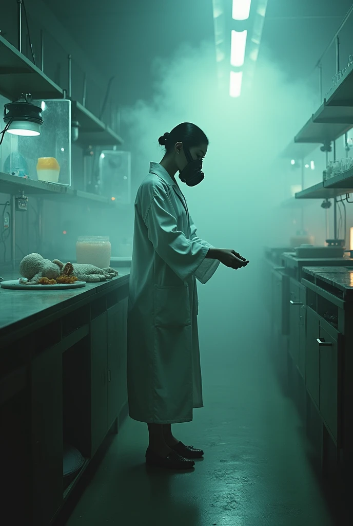 editorial photography,super detailed background,Super realistic,double exposure,depth of field,beauty super slender skinny female vides,soft focus darkness tone,narrative scene,A dimly lit lab where immoral and contraindicated experiments are conducted,Toxic colored smoke fills the floor,There are many culture tanks lined up that are large enough to hold a human,mad scientist woman dissect the HR giger style creature,wabi-sabi kimono,A cage that confines a beast,from front,waist shot,lots of experimental equipment,gas mask,
