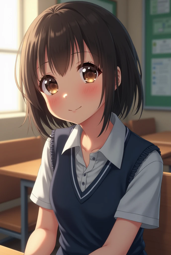 best quality, face focus, soft light, ultra high res, (photorealistic:1.4), RAW photo, 1japanese girl, solo, cute, (shy smile:0.5), (brown eyes, lights in the eyes), detailed beautiful face, (small chest),(high resolution detail of humaorealistic:1.4), RAW photo, 1japanese girl, solo, cute, (shy smile:0.5), (brown eyes, lights in the eyes), detailed beautiful face, (small chest),(high resolution detail of human skin texture), (short bob hair), BREAK, in classroom,navy school uniform, vest, skirt