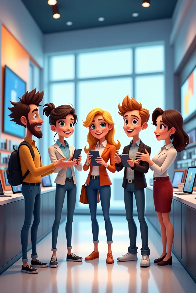 Create a group of male and female cartoon advisors in a cell phone store 